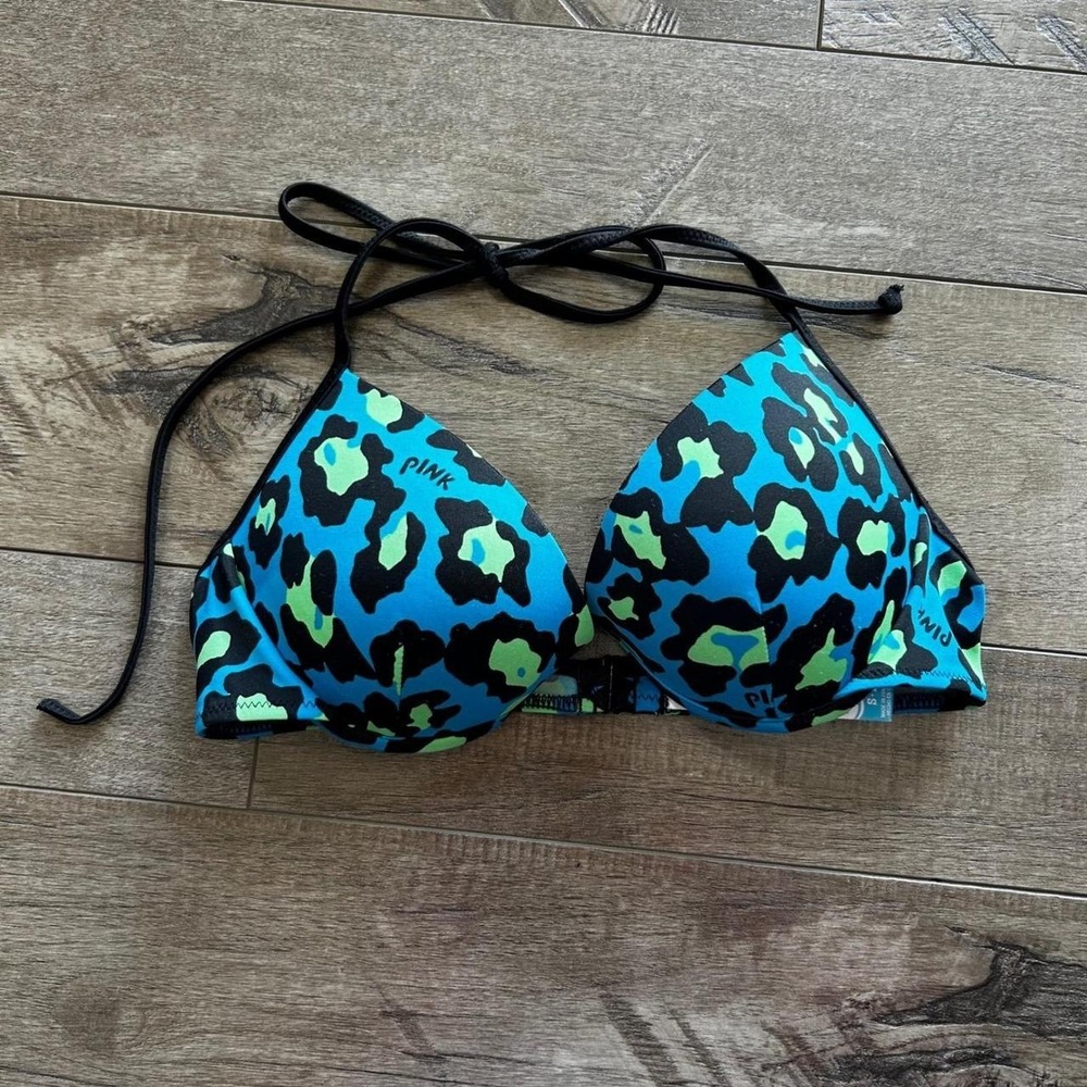 Y2K/2010s Victoria's Secret PINK Leopard Print Push Up Bikini Top Blue Small